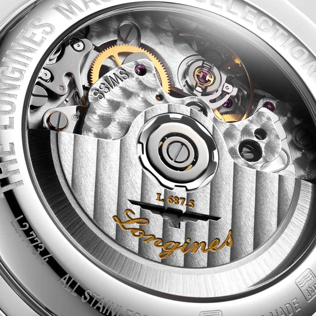 Movimento automatico a vista con ingranaggi e scritta Longines