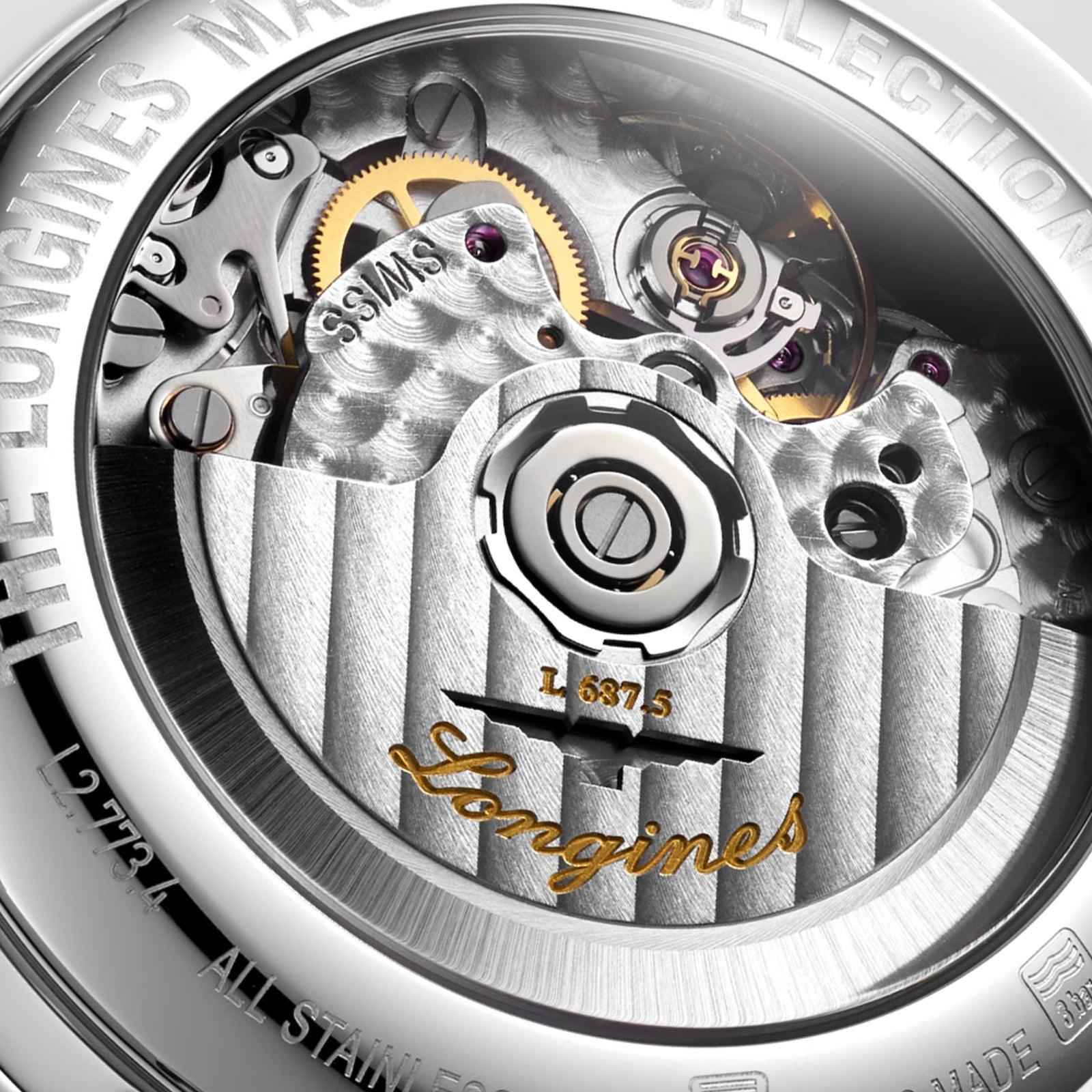 Movimento automatico a vista con ingranaggi e scritta Longines