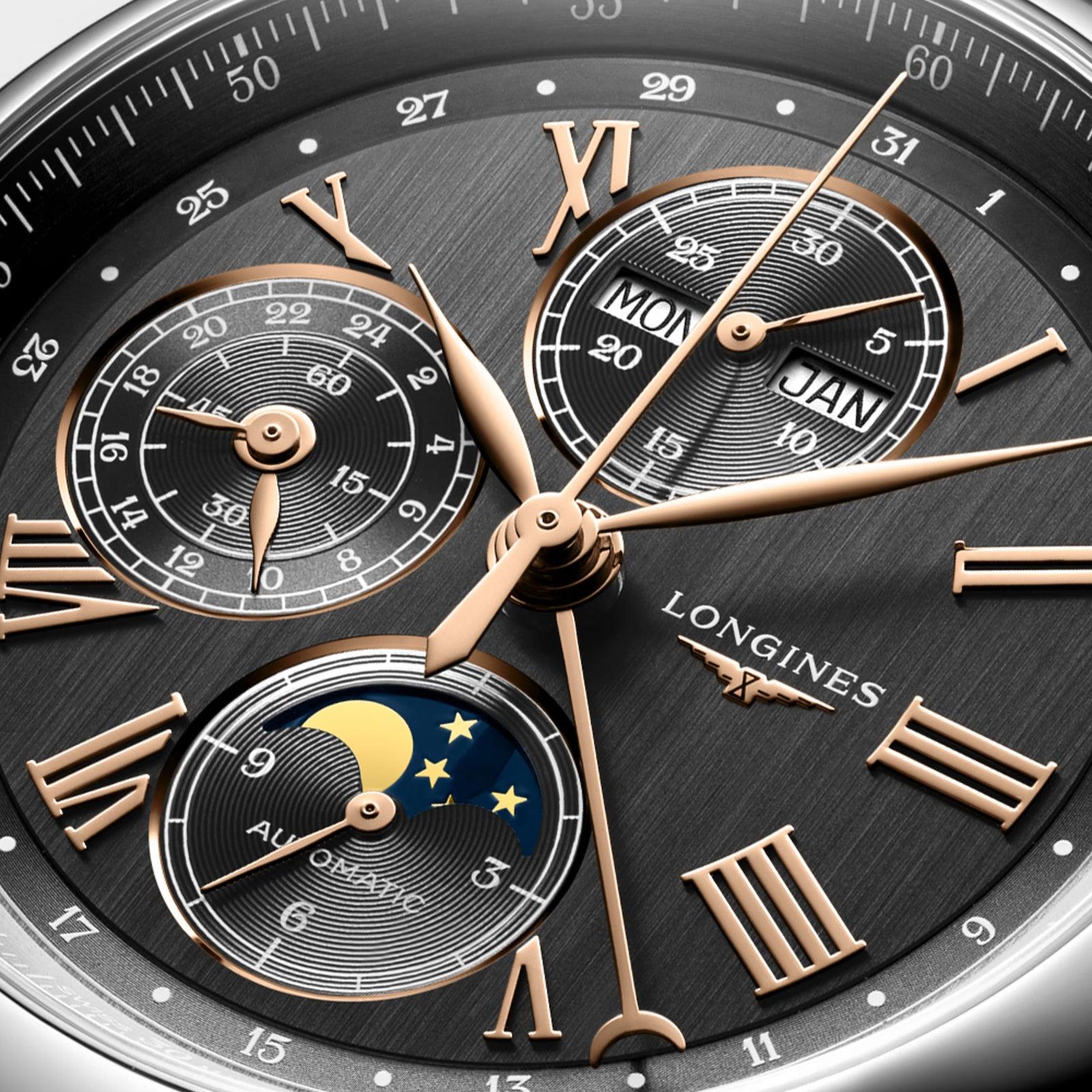 Orologio automatico Longines con quadrante antracite, numeri romani e lancette oro rosa