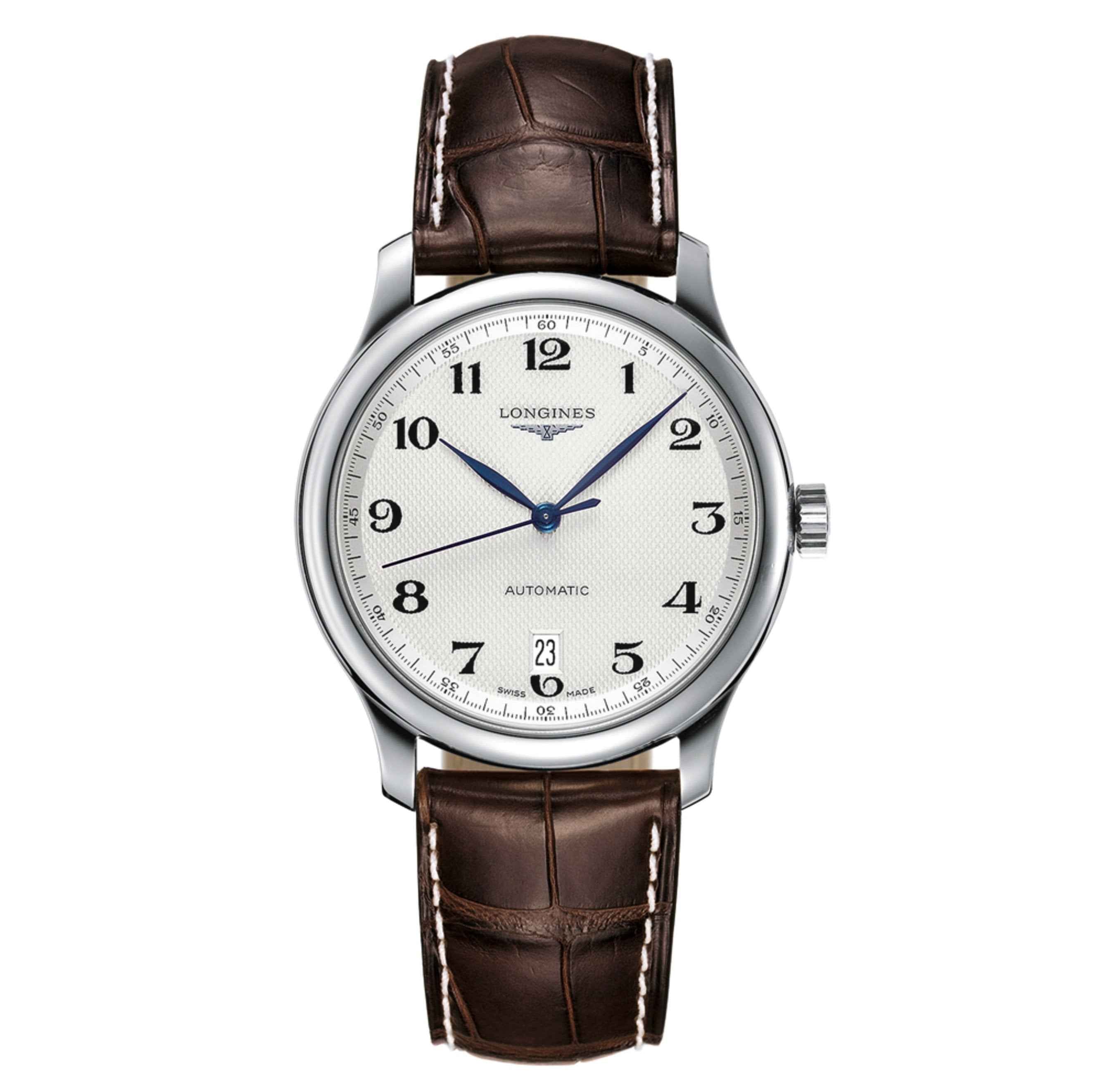 Orologio automatico Longines Master 38,5 mm con cinturino in pelle marrone, quadrante argento