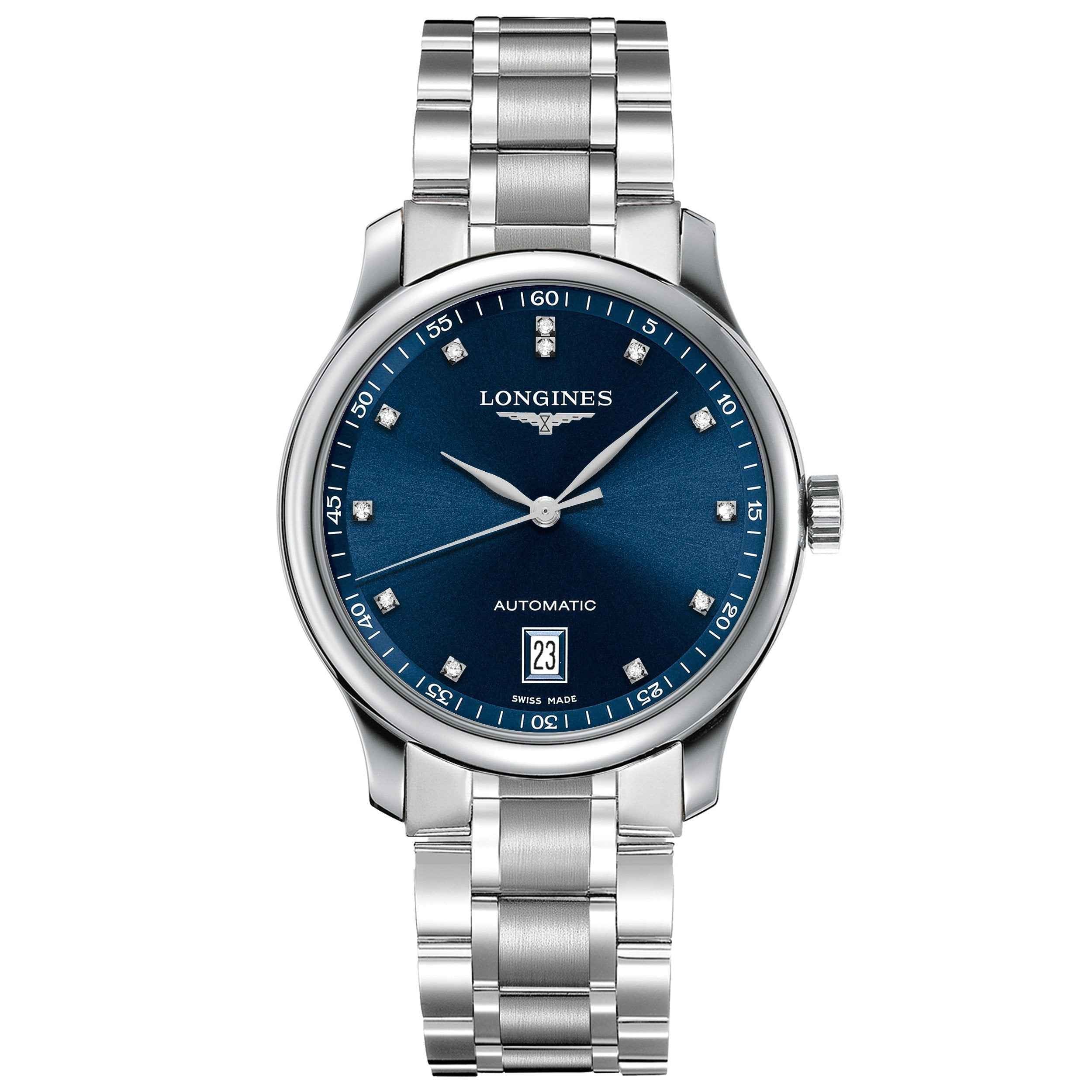 Orologio automatico Longines in acciaio, quadrante blu con indicatori e datario