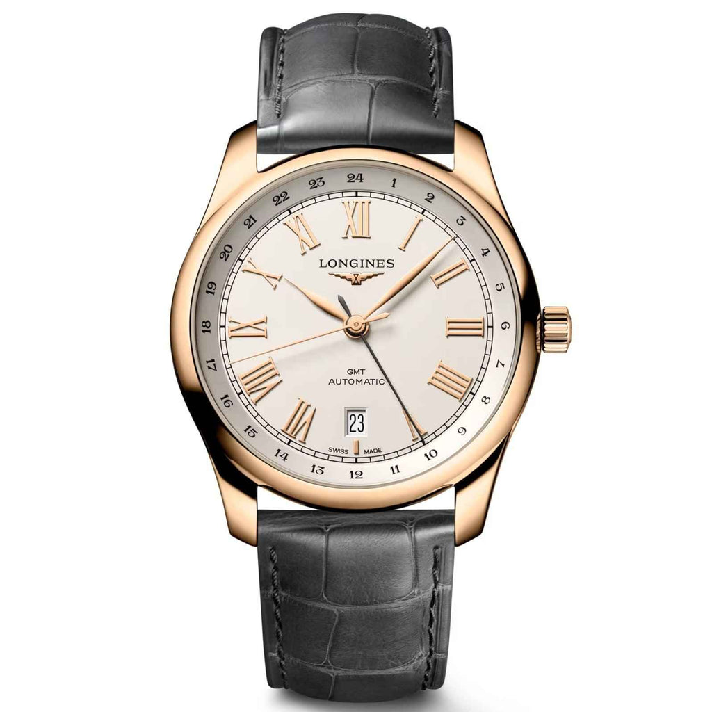 Orologio Longines automatico GMT con cassa oro rosa 18kt e cinturino nero in pelle