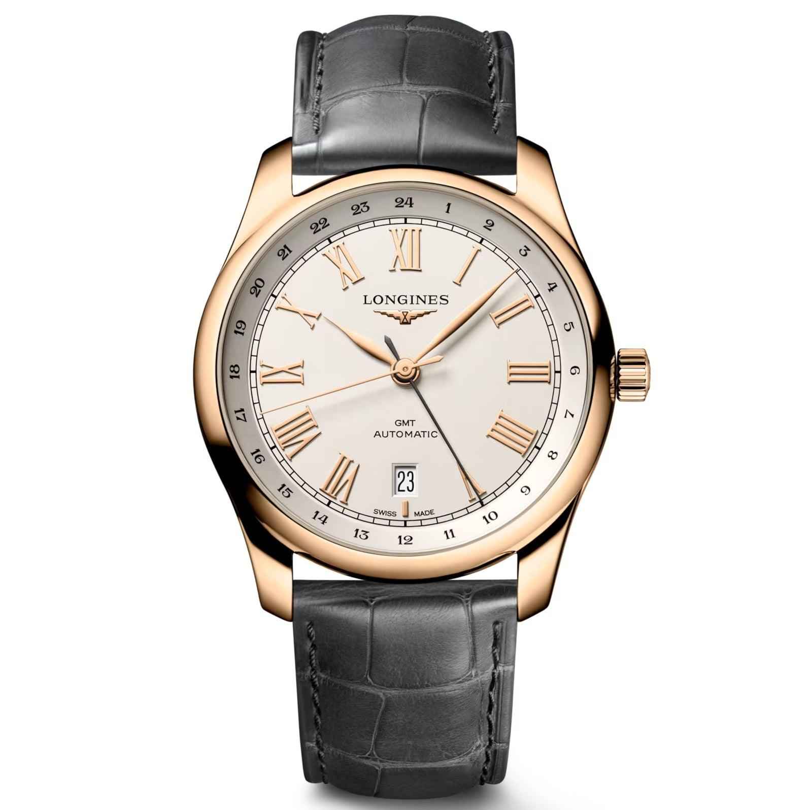 Orologio Longines automatico GMT con cassa oro rosa 18kt e cinturino nero in pelle