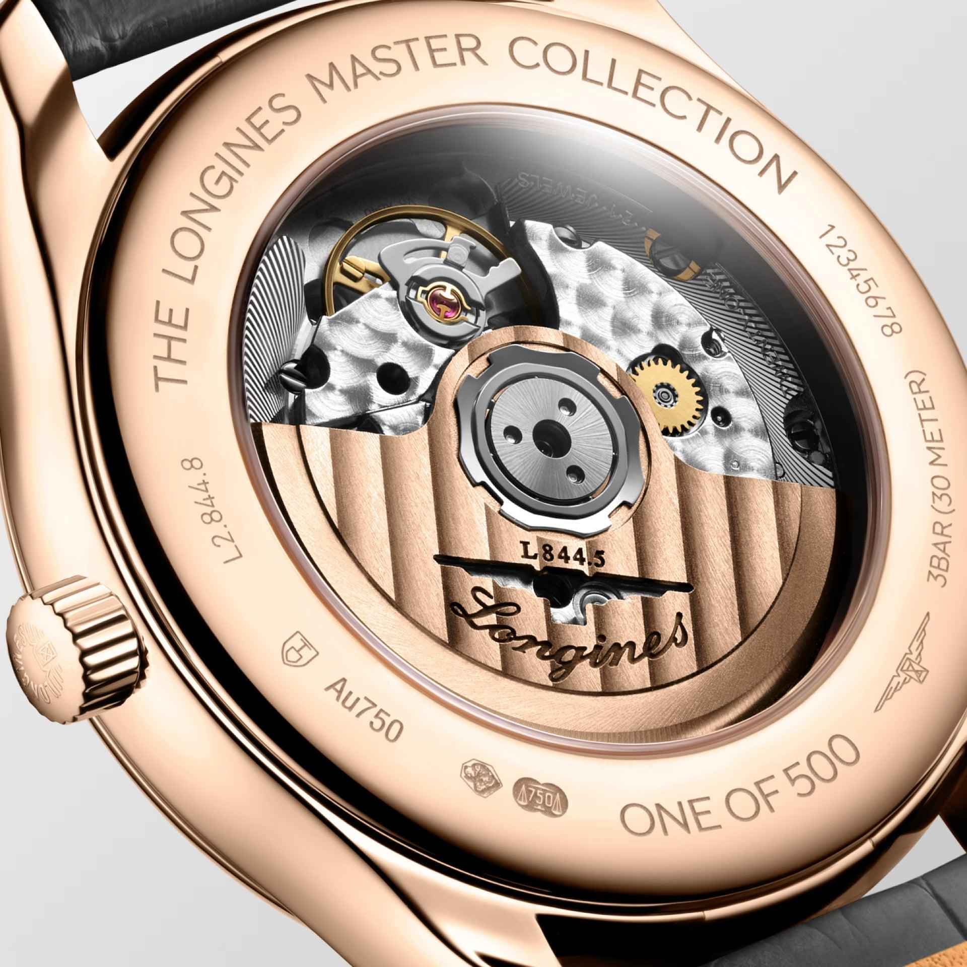 Orologio Longines: fondello trasparente con movimento automatico e scritta L844.8