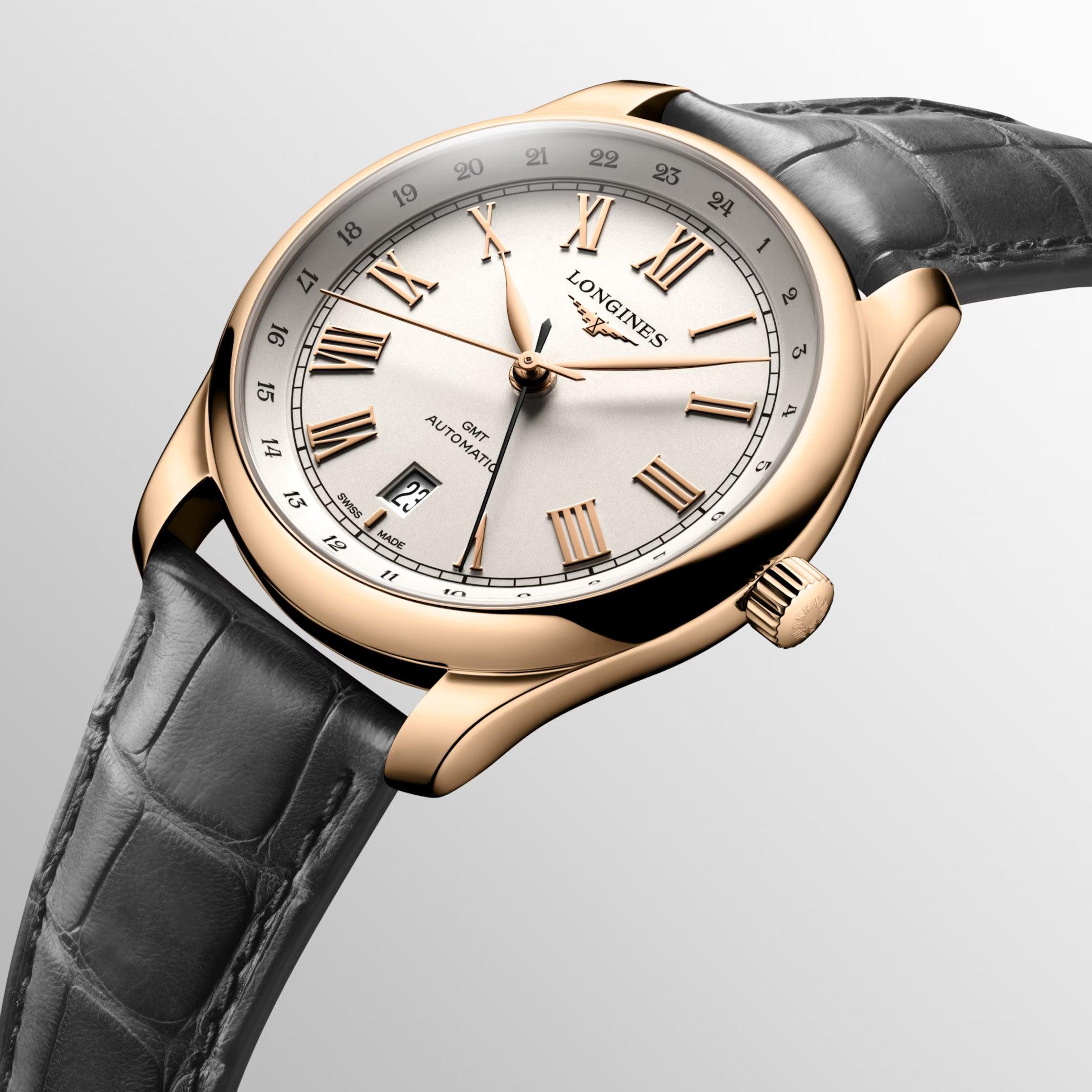 Orologio Longines con cassa oro rosa, quadrante bianco e cinturino in pelle nera