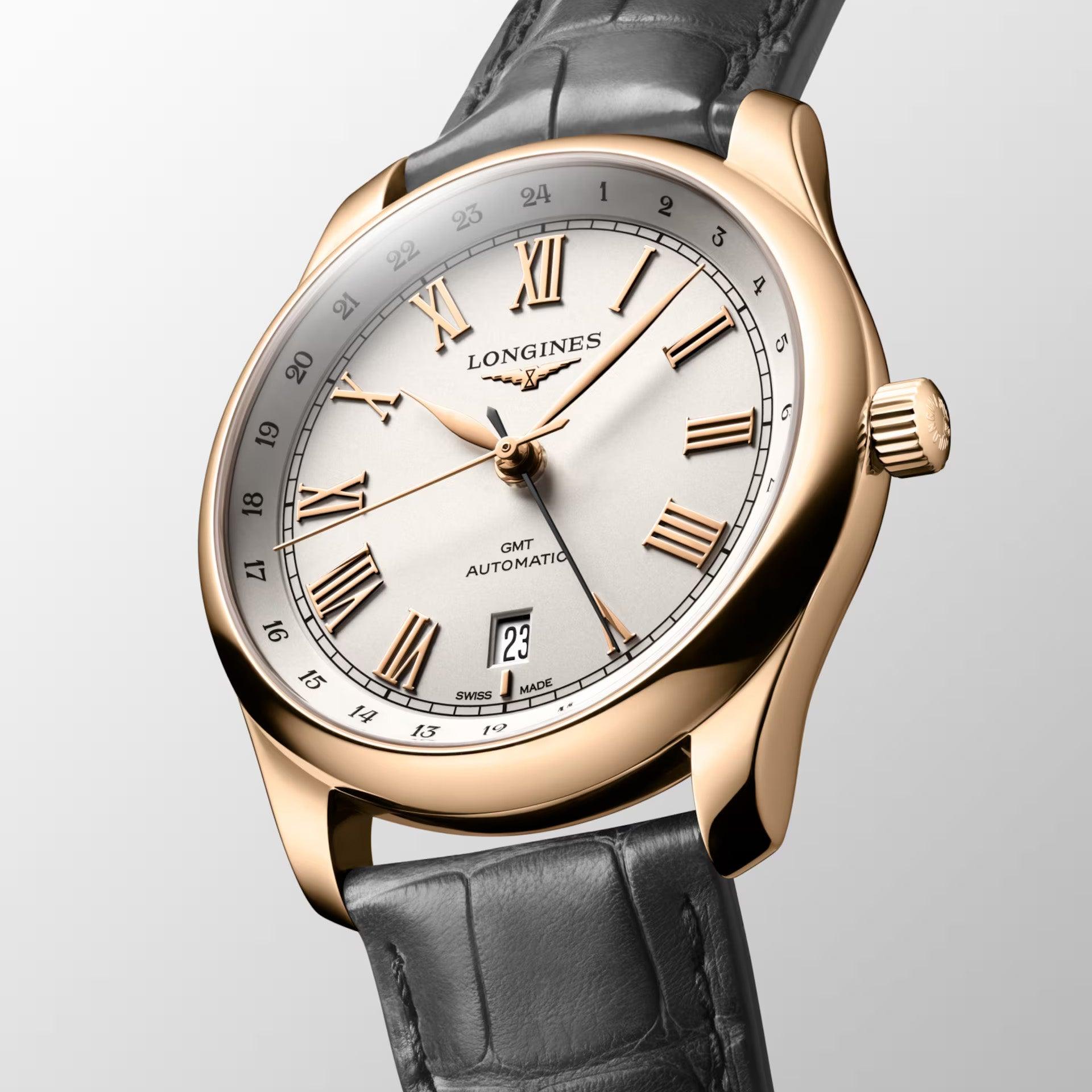 Orologio Longines oro rosa con quadrante bianco, cinturino pelle nera e datario