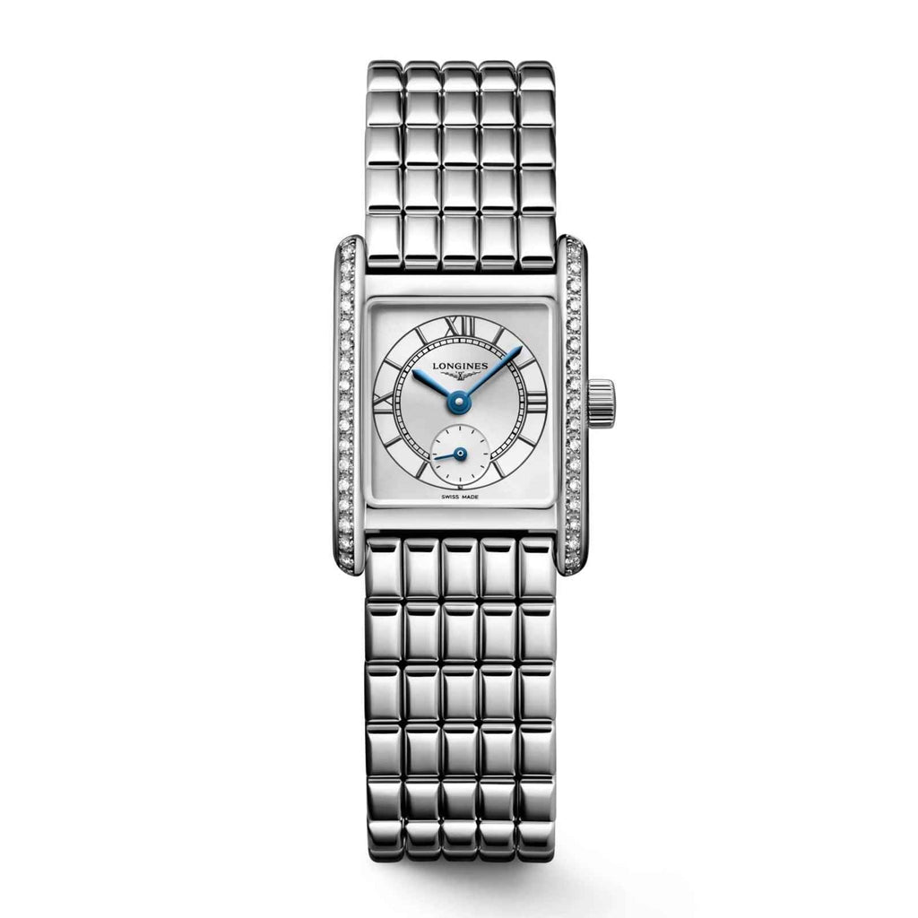 Orologio Longines Mini Dolcevita con bracciale maglie e quadrante argentato con cristalli