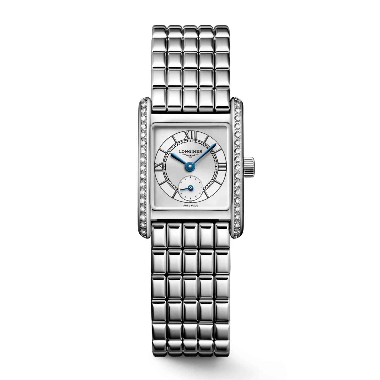 Orologio Longines Mini Dolcevita con bracciale maglie e quadrante argentato con cristalli