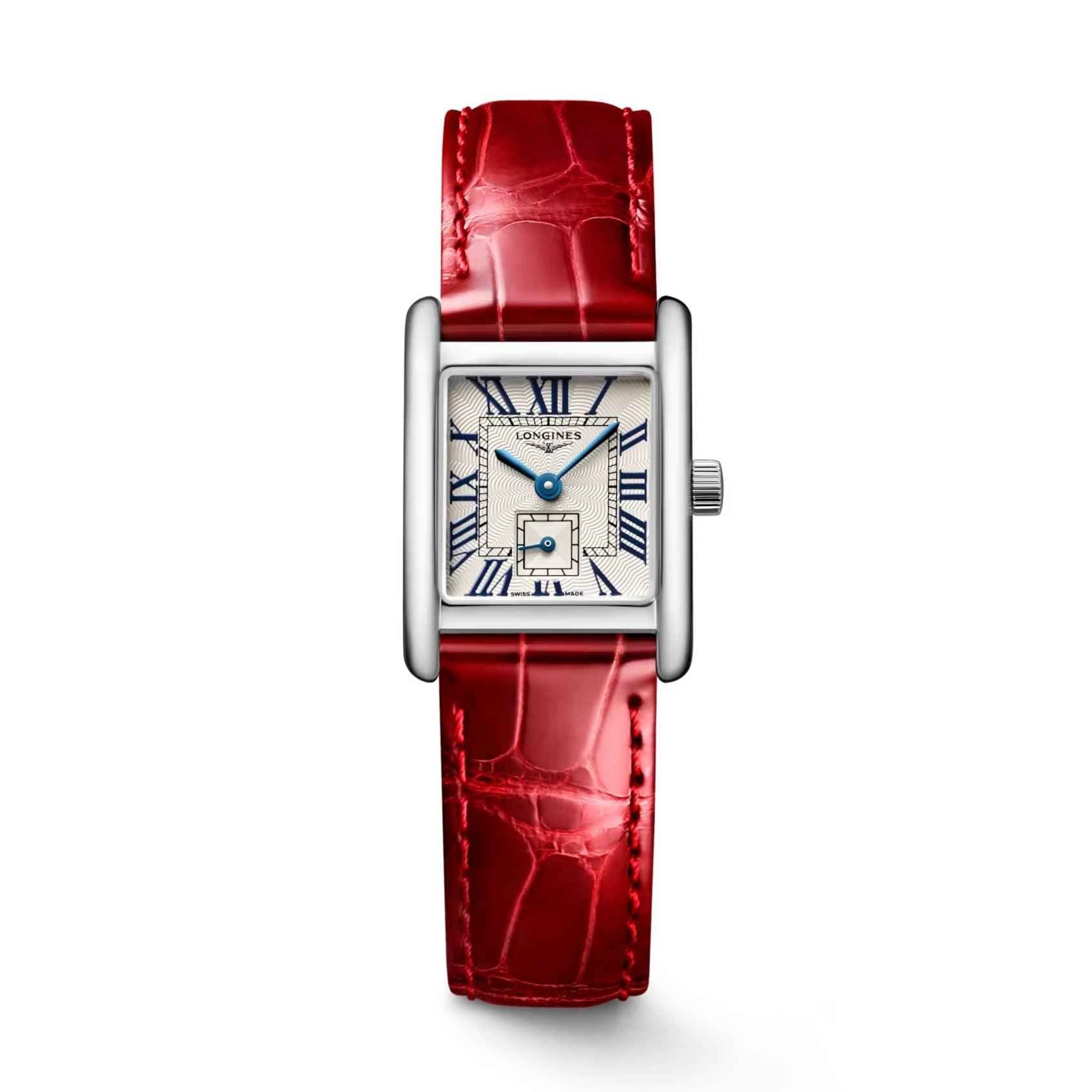 Orologio Longines Mini Dolcevita con cassa argento e cinturino in pelle rossa