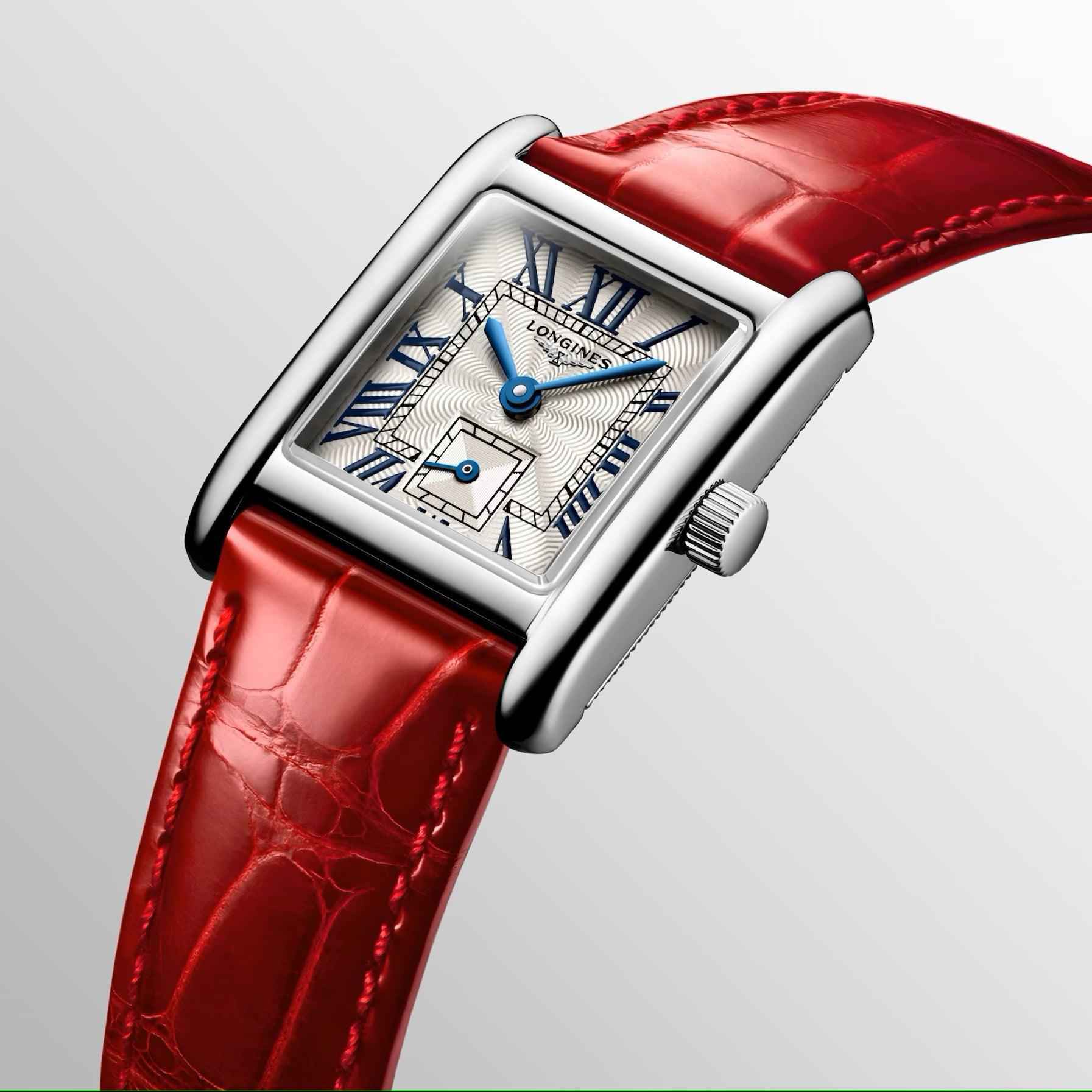 Orologio rettangolare con cassa argento e quadrante bianco blu, cinturino pelle rossa