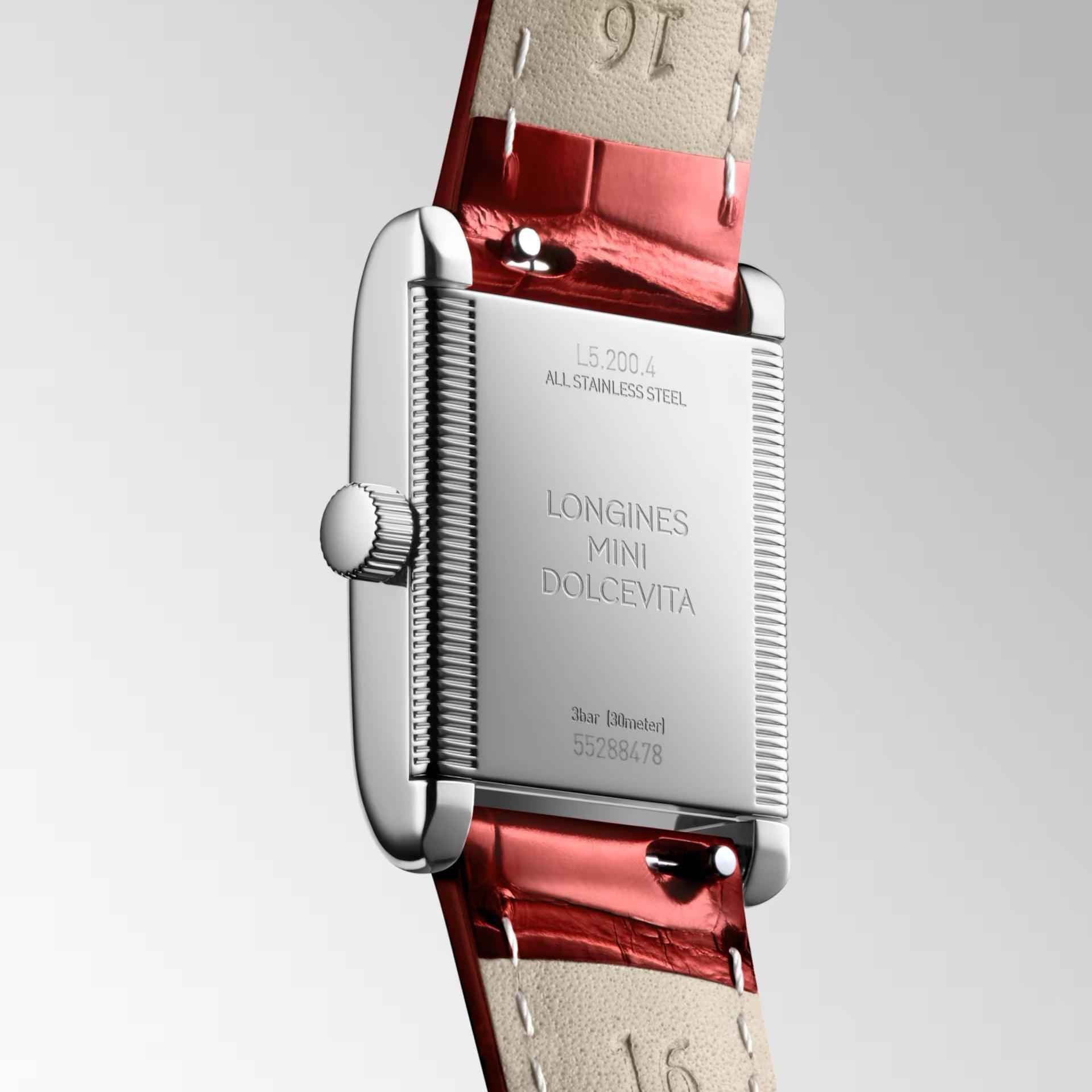 Orologio Longines con cassa argento e fondello; cinturino pelle rossa
