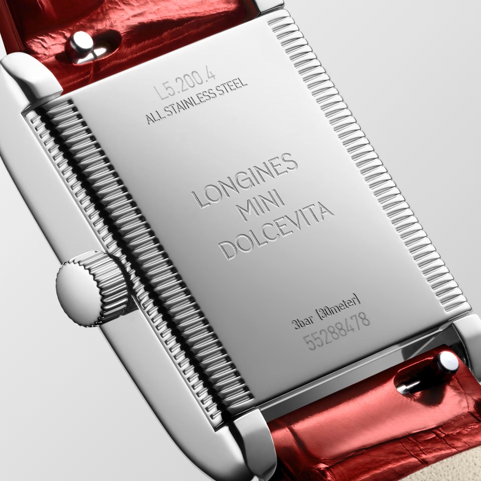 Orologio Longines Mini Dolcevita argento con quadrante rettangolare e cinturino in pelle