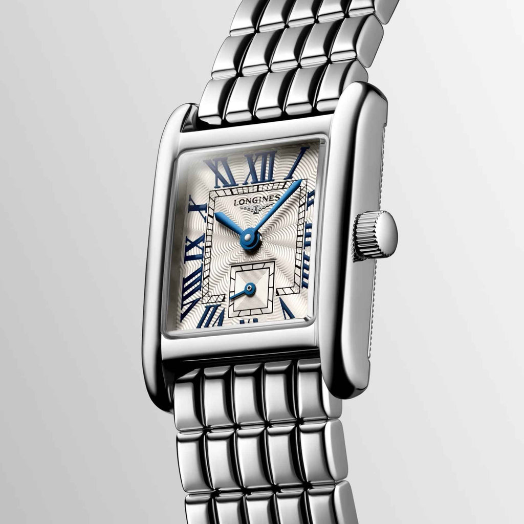 Orologio rettangolare in acciaio con quadrante blu e lancette azzurre