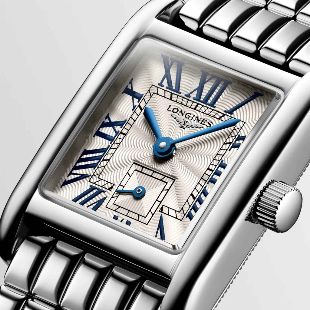 Orologio con quadrante blu a motivo e cinturino in acciaio lucido