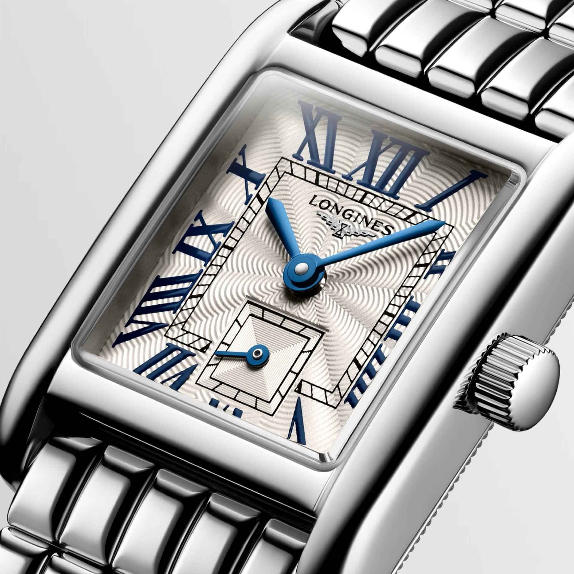 Orologio con quadrante blu a motivo e cinturino in acciaio lucido
