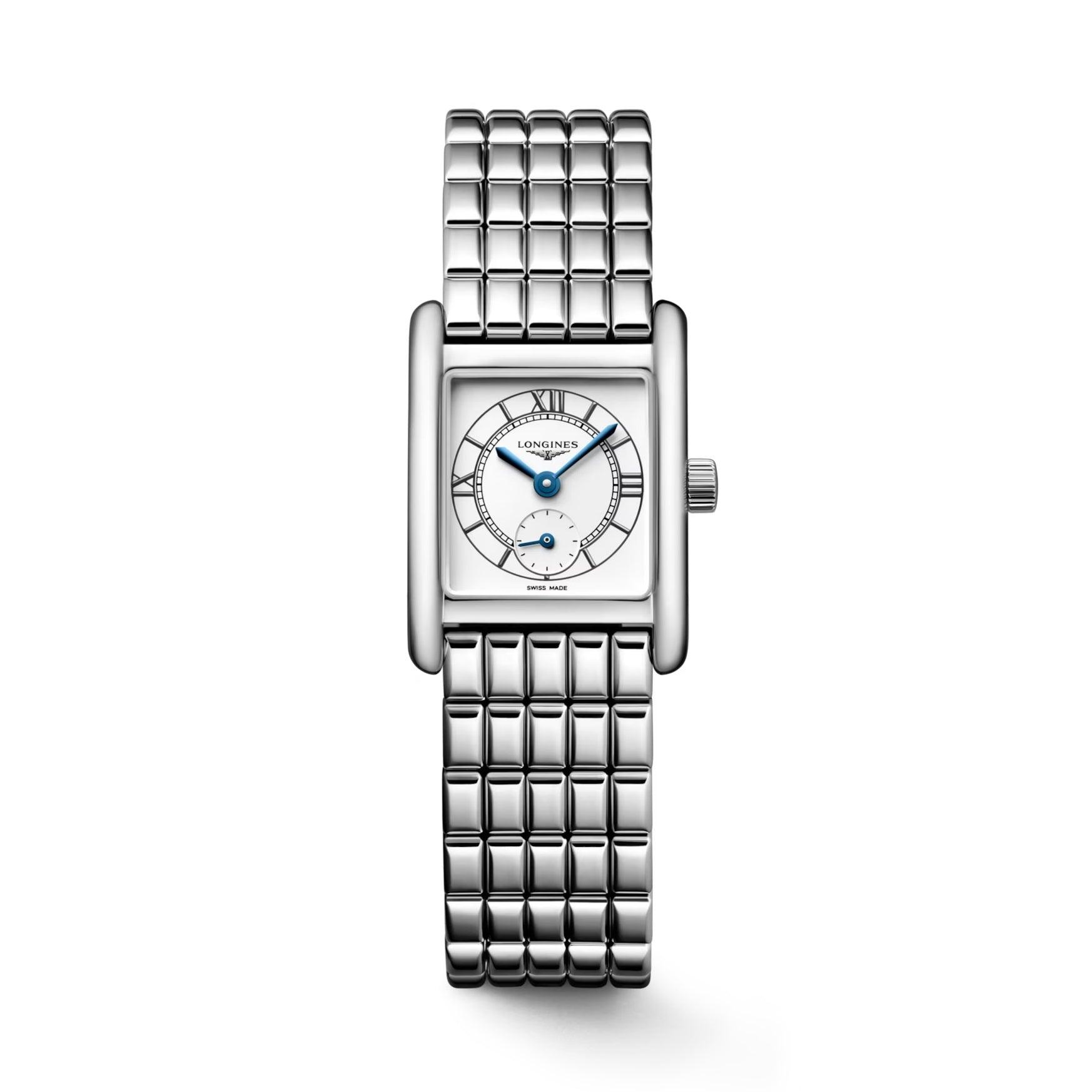 Orologio Longines Dolcevita mini argento con cassa quadrata e cinturino maglia acciaio.