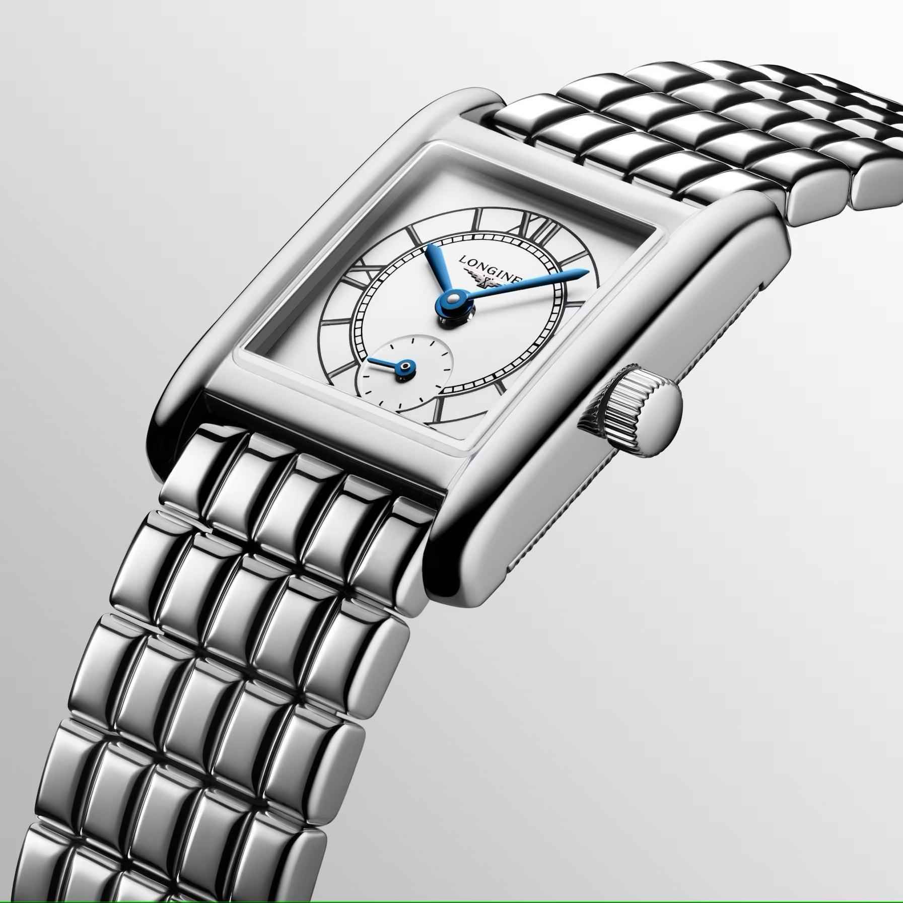 Orologio Longines Dolcevita mini con quadrante argento e lancette blu, bracciale d’acciaio