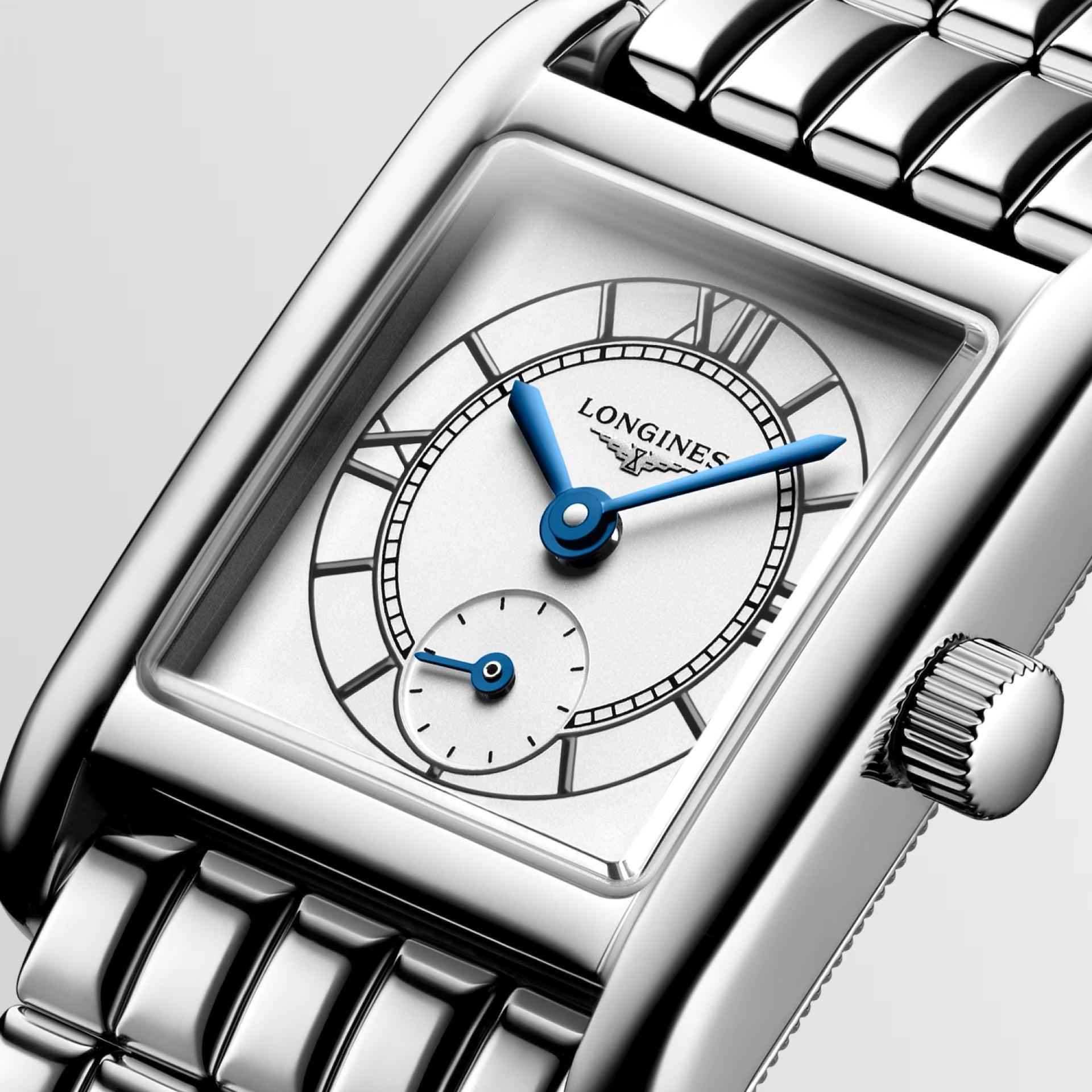 Orologio Longines Dolcevita mini quadrante argento con lancette blu, cassa lucida rettangolare
