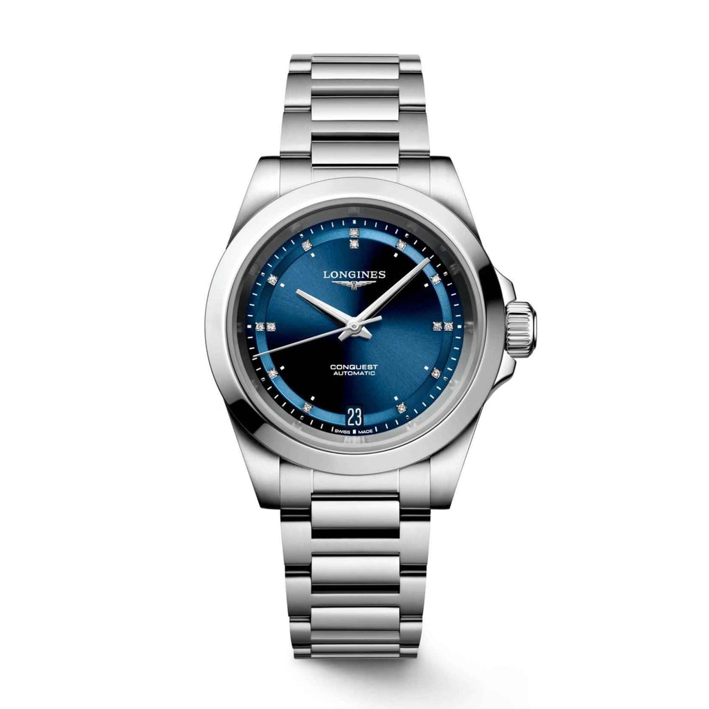 Orologio Longines New Conquest 34mm blu in acciaio, quadrante con indici e datario