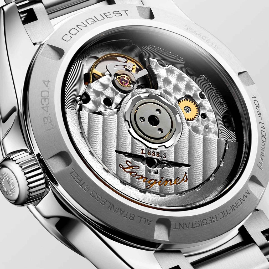 Orologio Longines New Conquest vista fondello, meccanismo automatico, cassa in acciaio