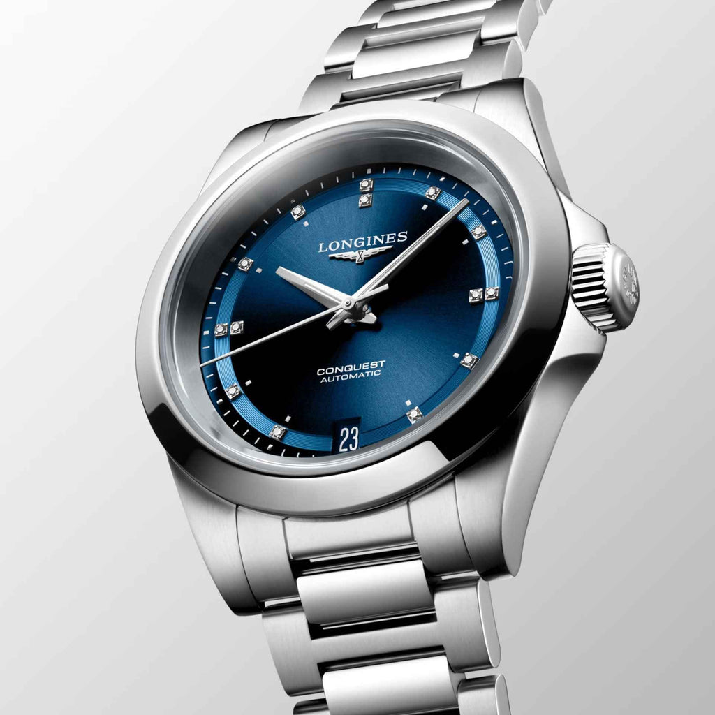 Orologio Longines New Conquest 34mm blu, bracciale in acciaio, corona laterale