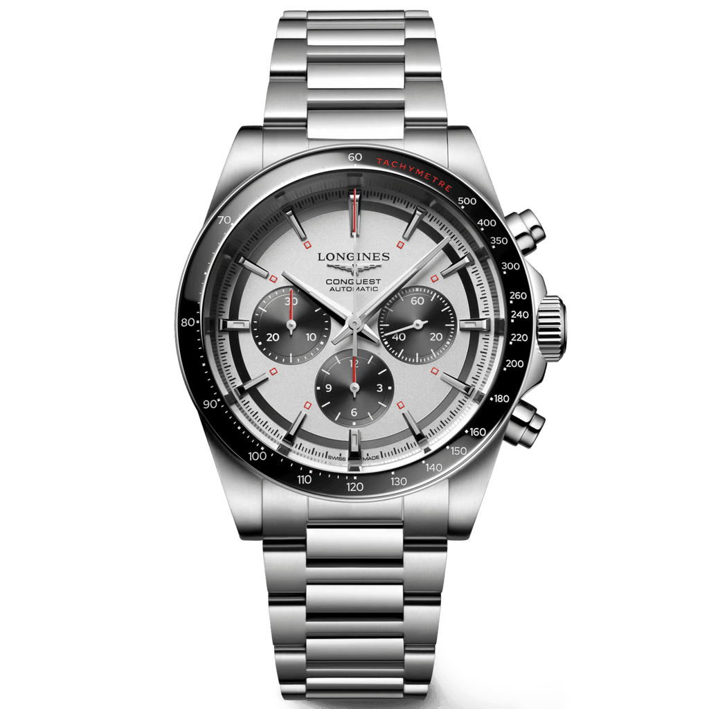 Orologio Longines New Conquest 42mm in acciaio argento, quadrante nero cronografo
