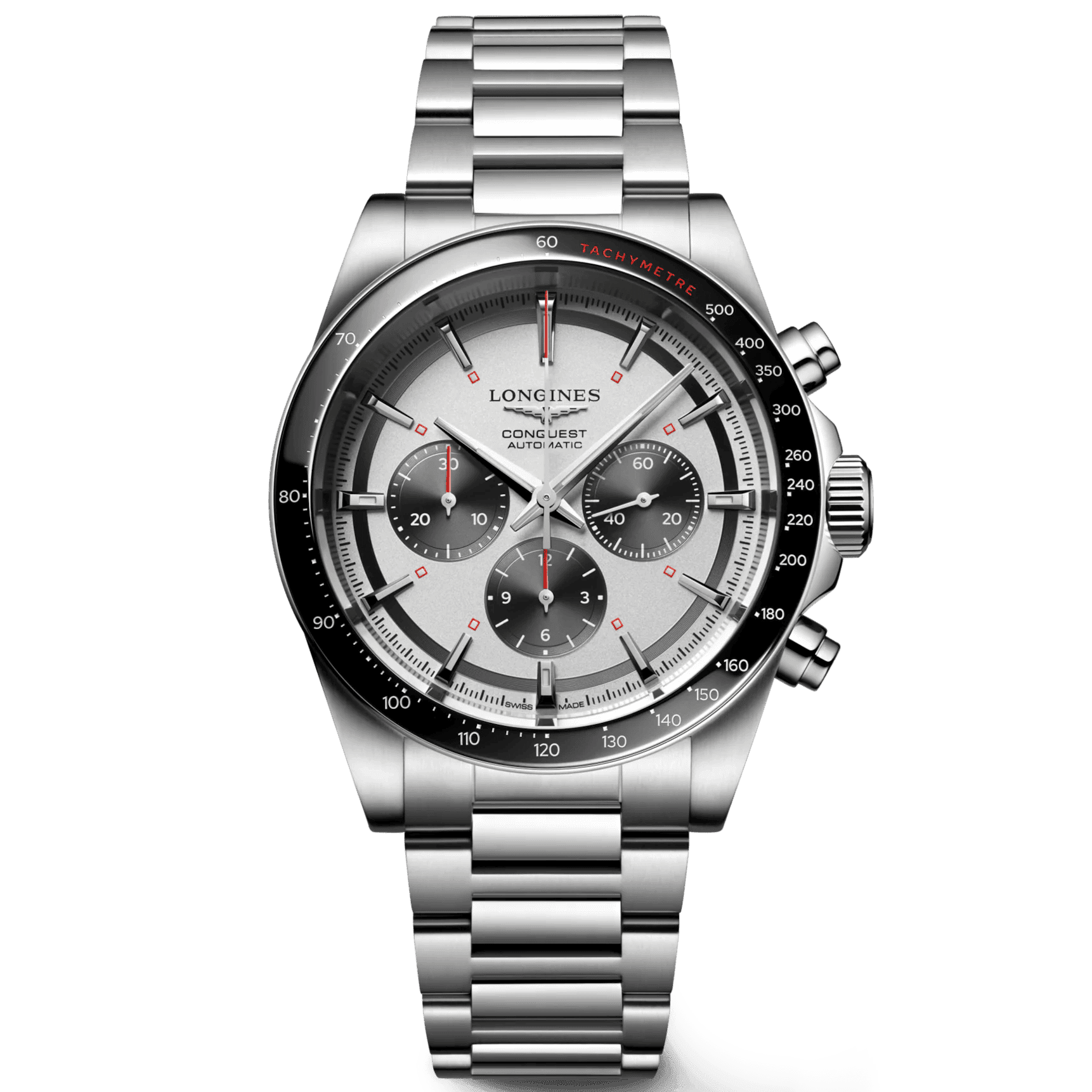Orologio Longines New Conquest 42mm in acciaio argento, quadrante nero cronografo