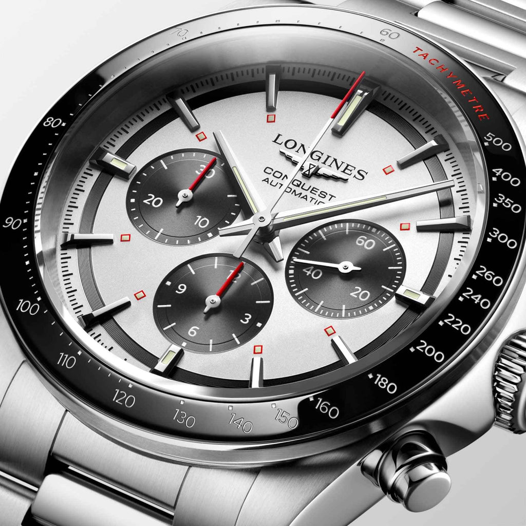 Orologio Longines New Conquest 42mm, quadrante grigio scuro con cronografi e indici