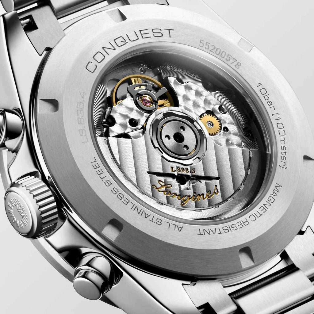 Fondello a vista con meccanismo dell’orologio Longines New Conquest in acciaio