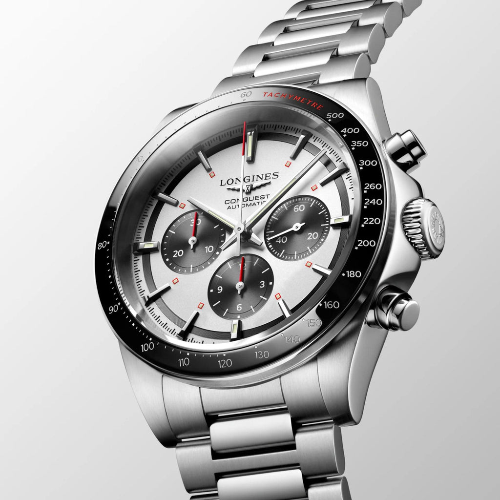 Orologio Longines Conquest automatico in acciaio argento con quadrante nero e cronografi