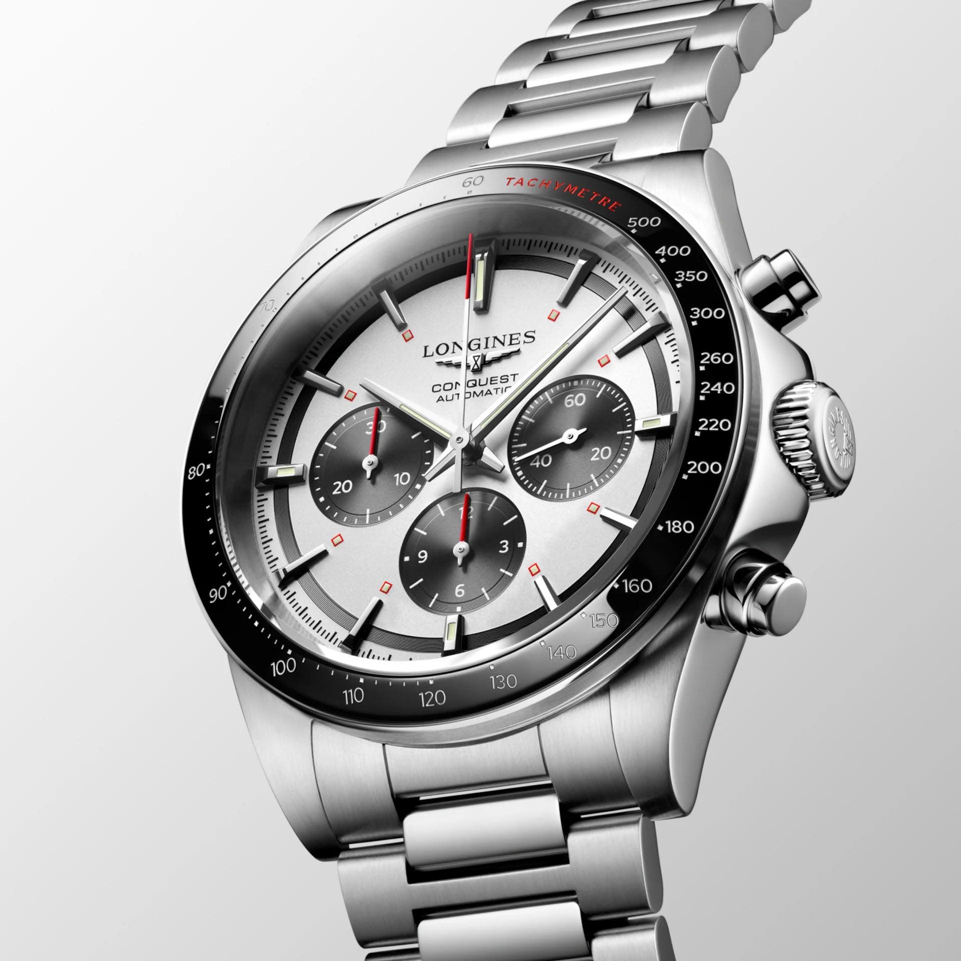 Orologio Longines Conquest automatico in acciaio argento con quadrante nero e cronografi