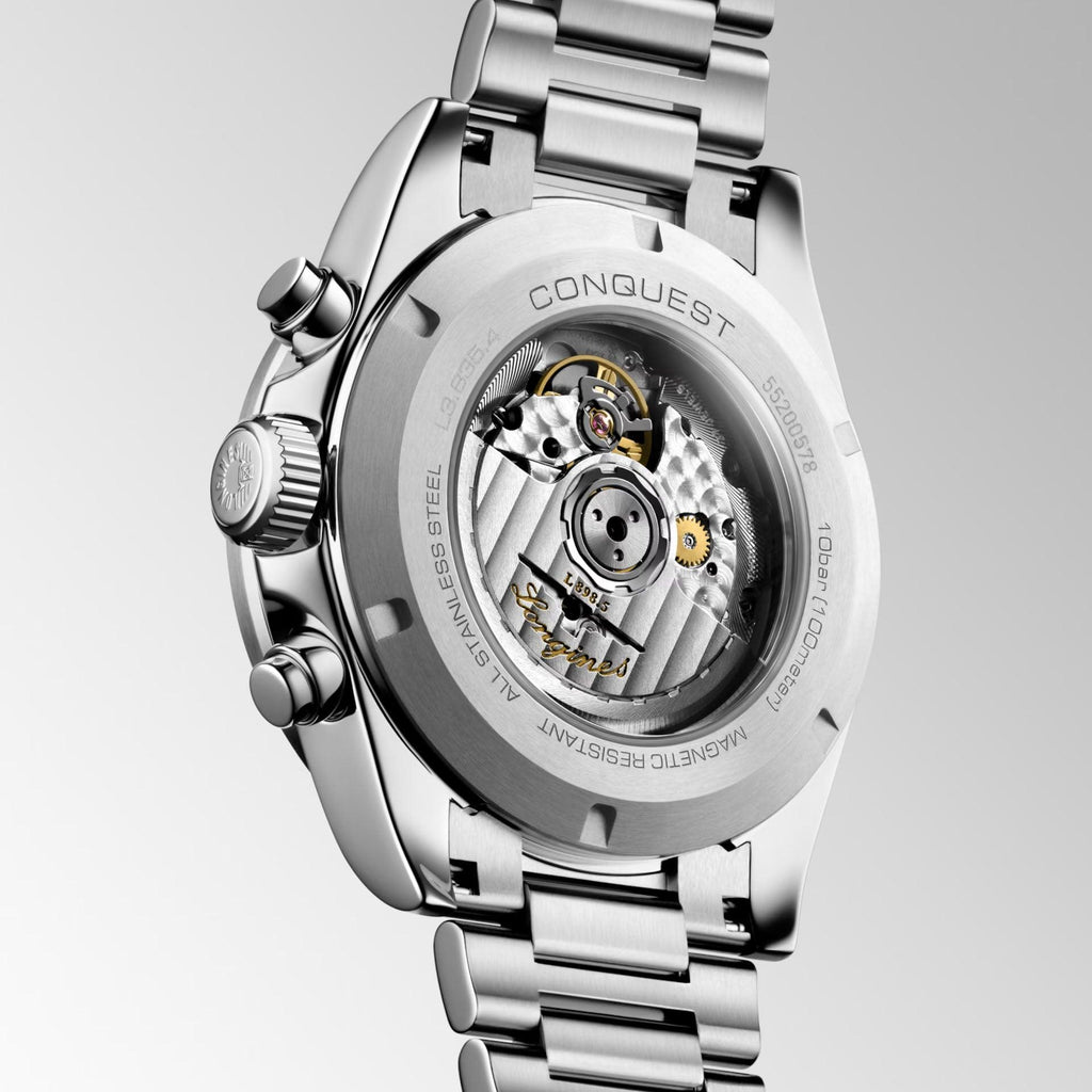 Orologio Longines Conquest con fondello trasparente e movimento automatico in acciaio argento