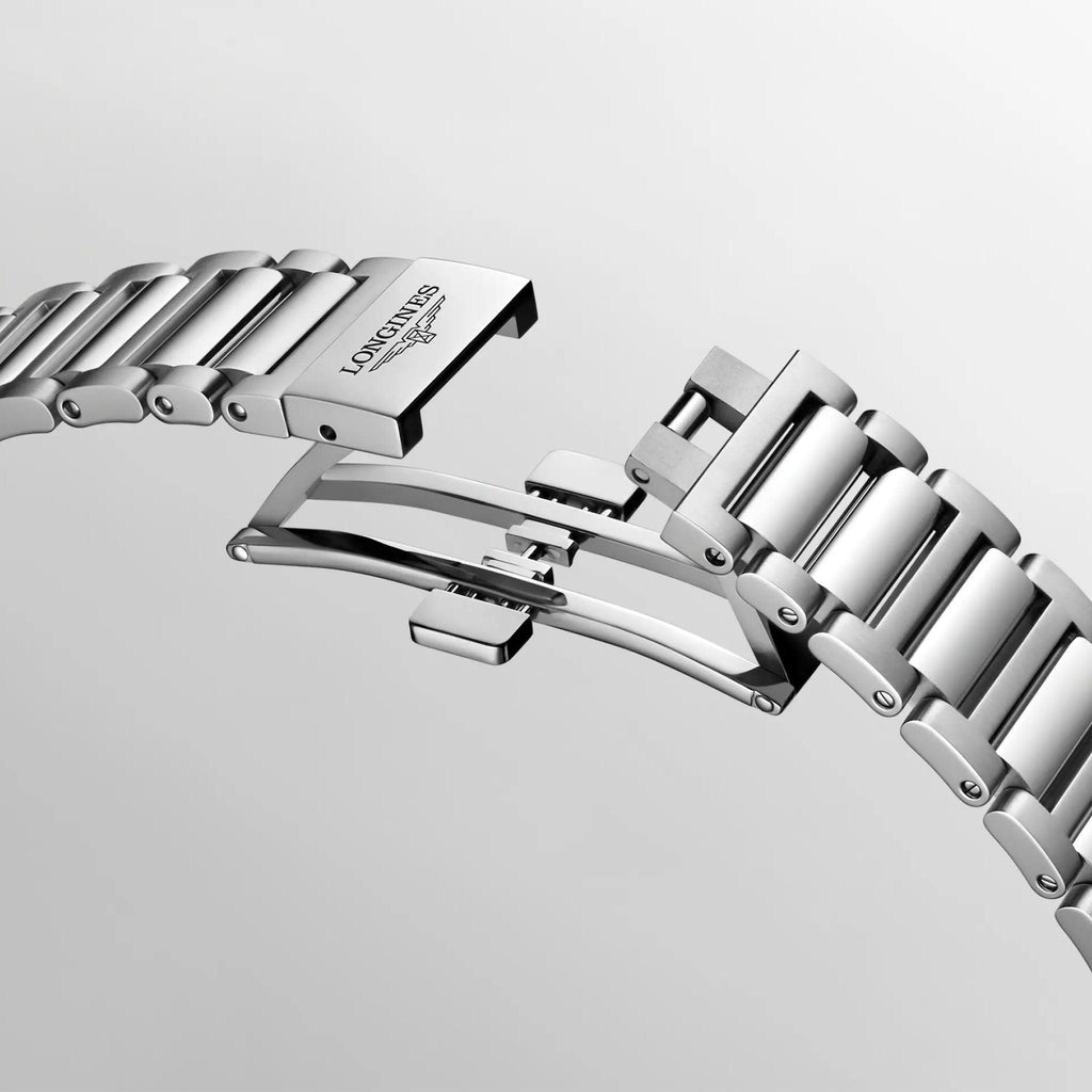 Orologio Longines Conquest con fibbia del bracciale in acciaio argento e pulsante