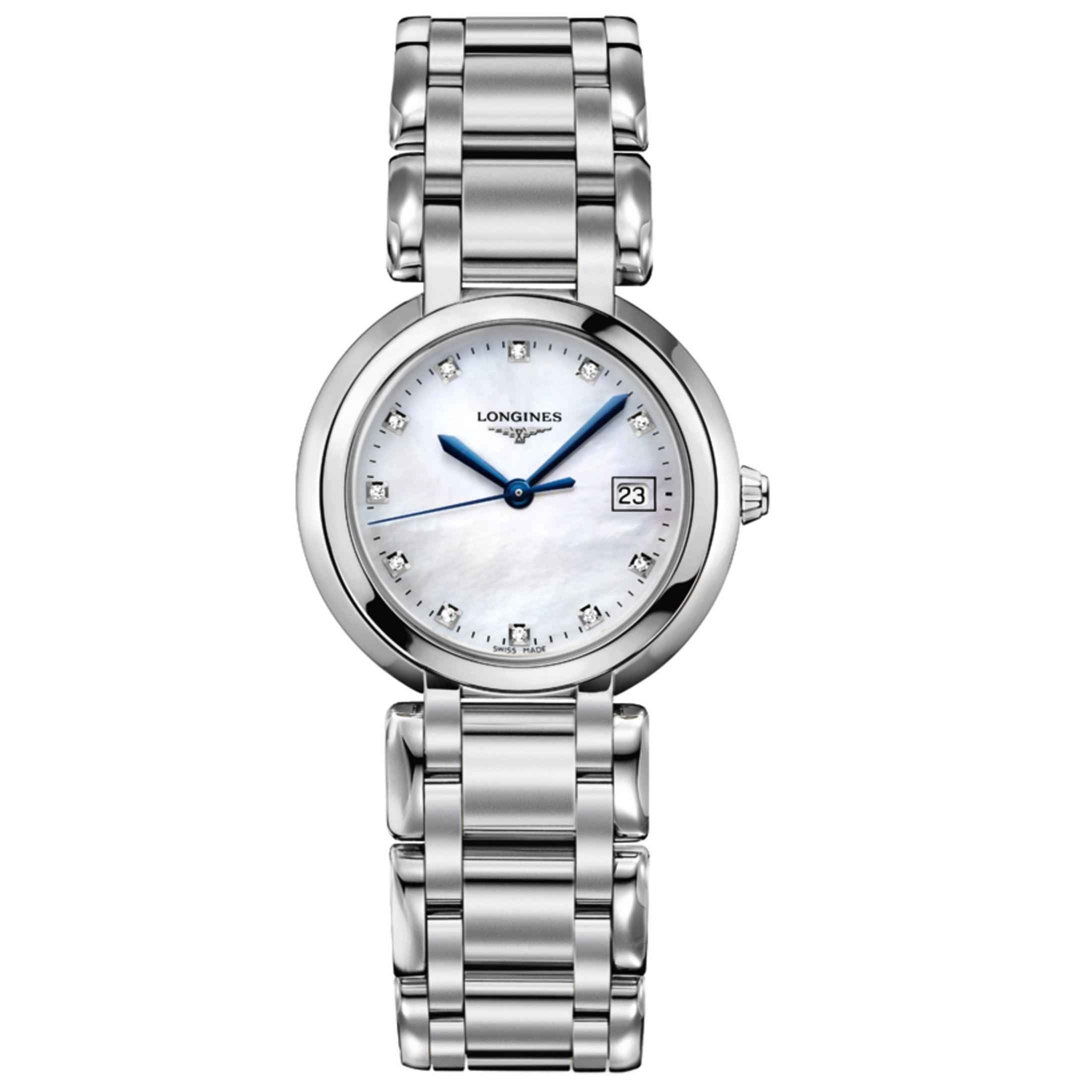 Orologio Longines PimaLuna da donna in acciaio, quadrante madreperla bianco e data 23