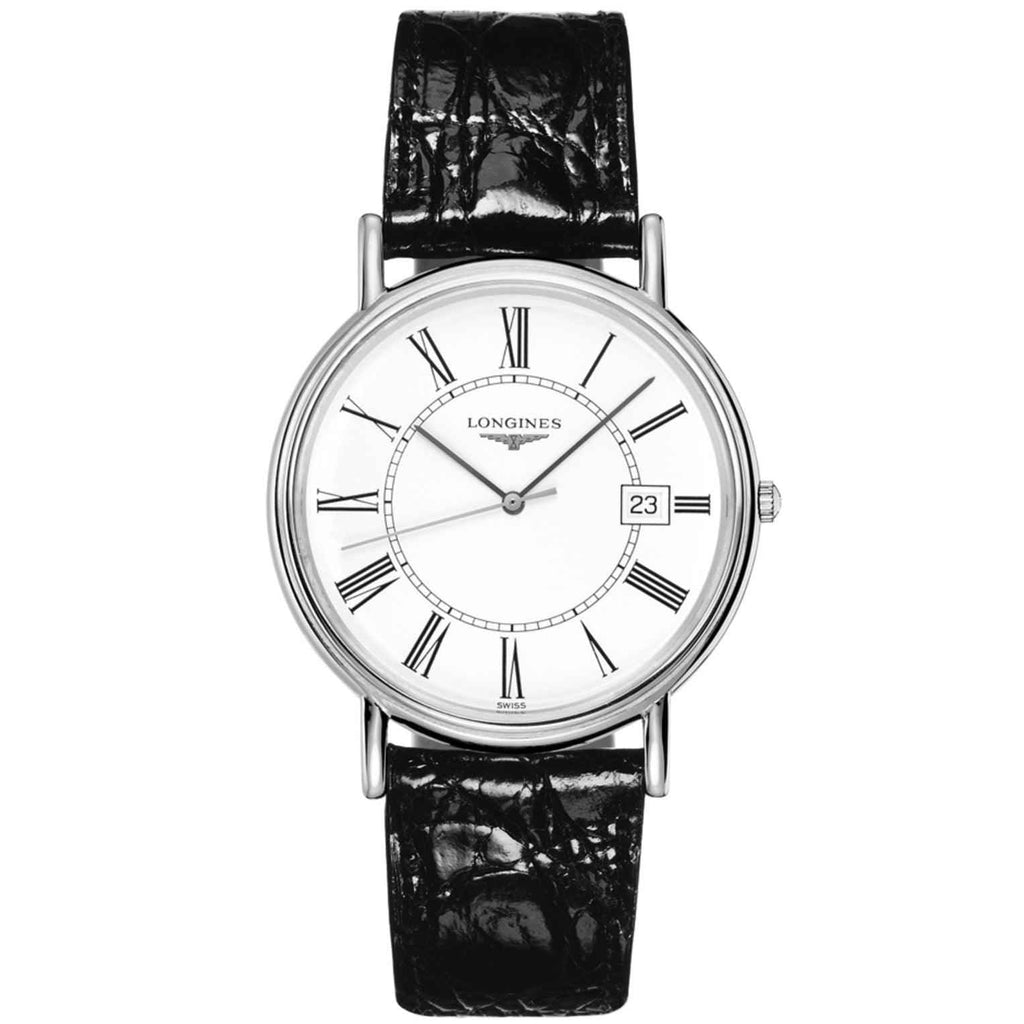 Orologio Longines con quadrante bianco opaco, numeri romani e cinturino pelle nero