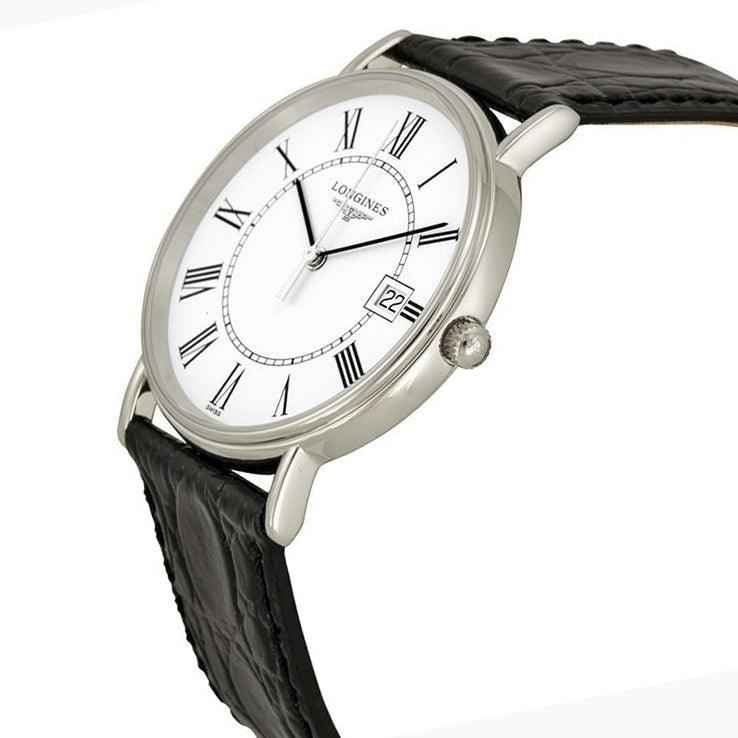 Orologio Longines con cassa in acciaio e quadrante bianco, cinturino in pelle nero