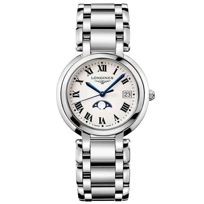 Orologio da polso Longines Primaluna in acciaio argento, quadrante con fasi lunari e datario
