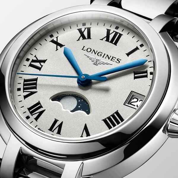 Orologio da polso in acciaio argento, quadrante argento con lancette blu e fasi lunari
