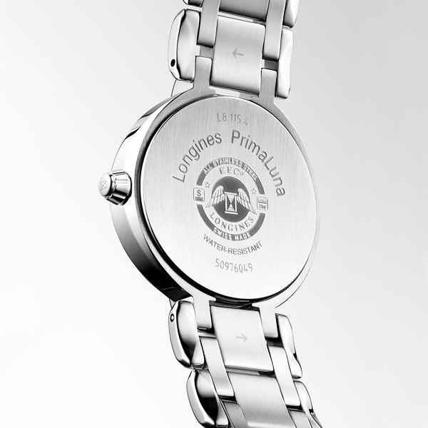 Orologio da polso in acciaio argento, fondello inciso 'Primaluna' e simbolo impermeabile
