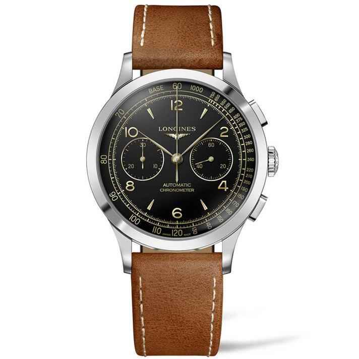Orologio cronografo, quadrante nero, cinturino pelle marrone, cassa acciaio.