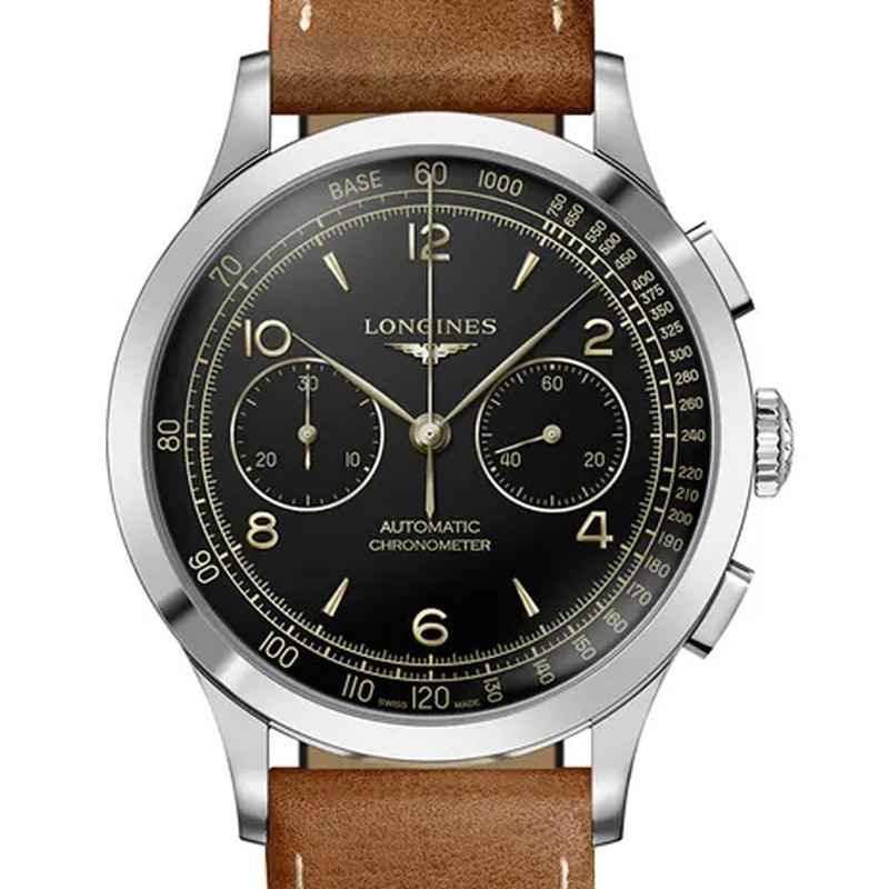 Orologio cronografo: quadrante nero con indici e contatori, cinturino pelle marrone.