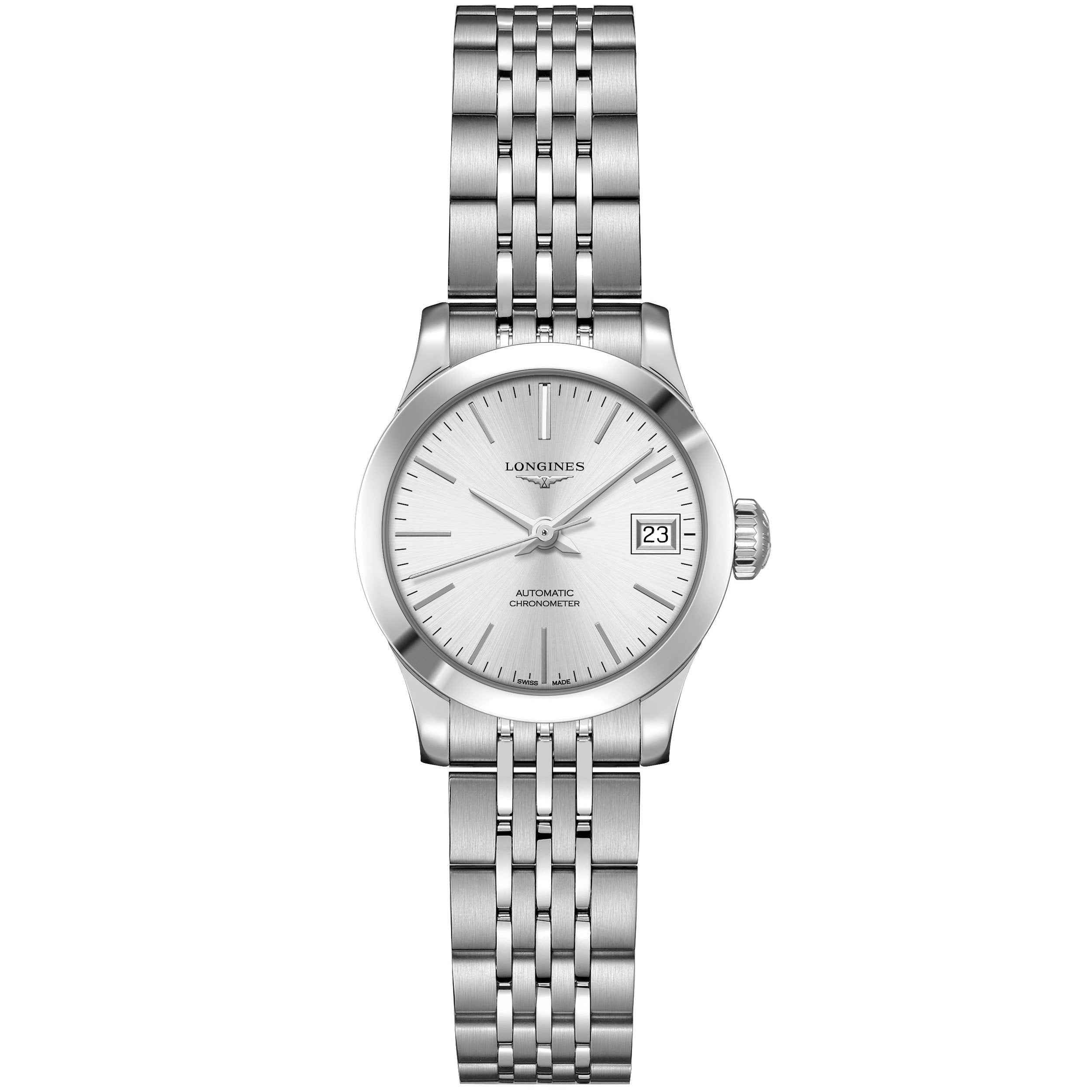 Orologio Longines Record 26mm argento automatico COSC in acciaio, bracciale a maglie