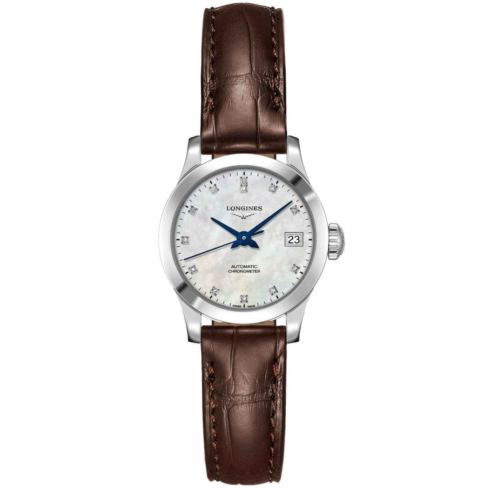 Orologio Longines Record automatico COSC con cinturino marrone e quadrante madreperla con diamanti