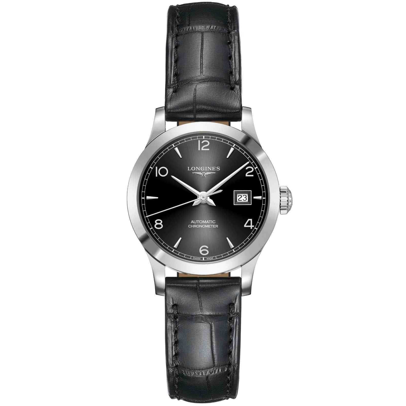 Orologio Longines Record 30 mm nero automatico, cinturino pelle nera, data 23