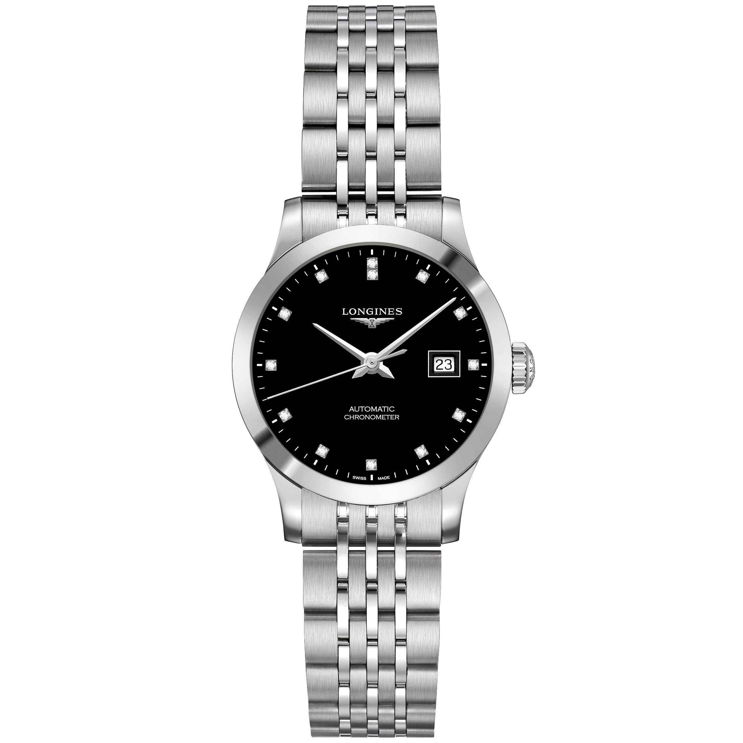 Orologio Longines Record automatico da 30 mm con quadrante nero e bracciale in acciaio