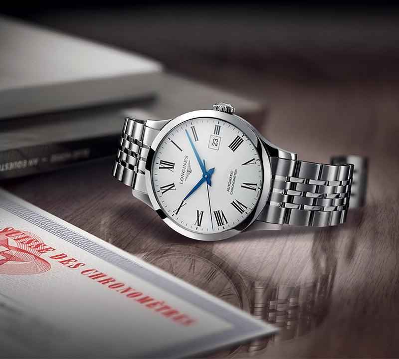Orologio Longines Record Collection 38,5 mm con data, numeri romani e cinturino in acciaio