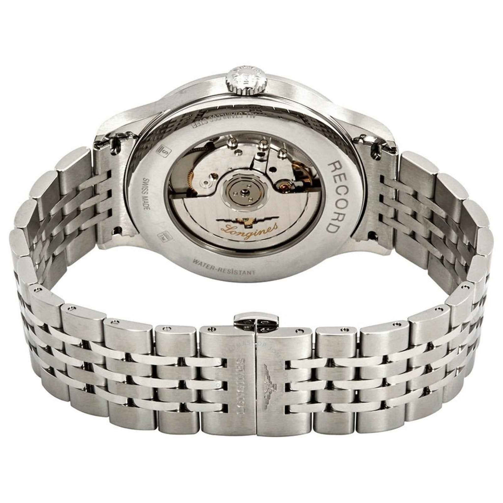 Fondello e movimento dell’orologio Longines Record con bracciale in acciaio