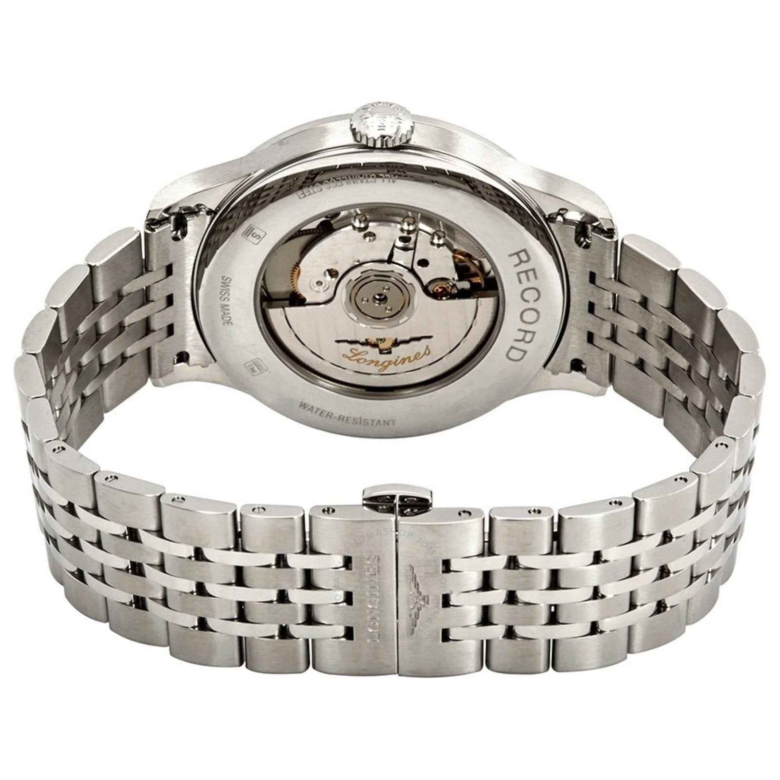 Fondello e movimento dell’orologio Longines Record con bracciale in acciaio