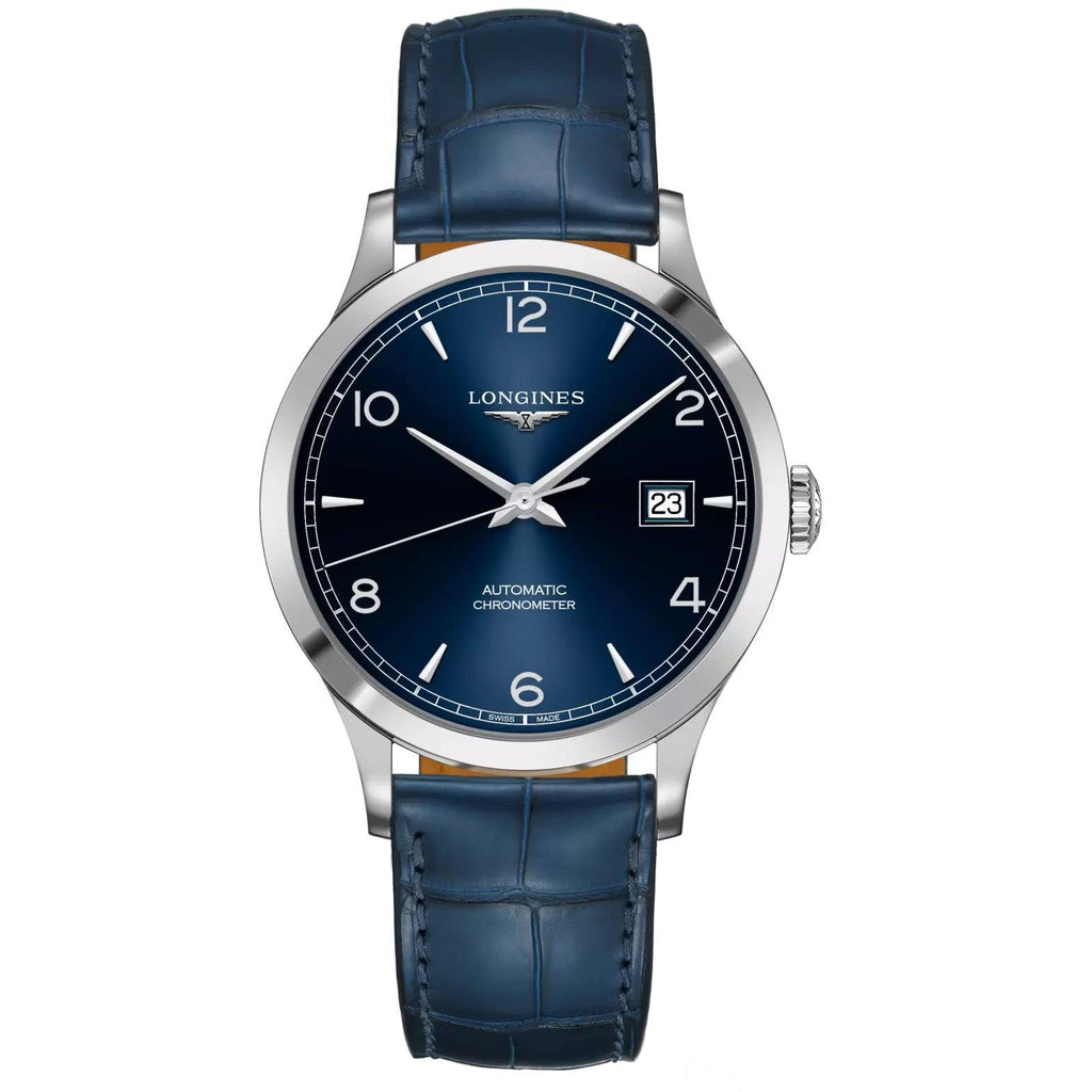 Orologio Longines Record 40 mm con quadrante blu, cassa acciaio e cinturino in pelle.