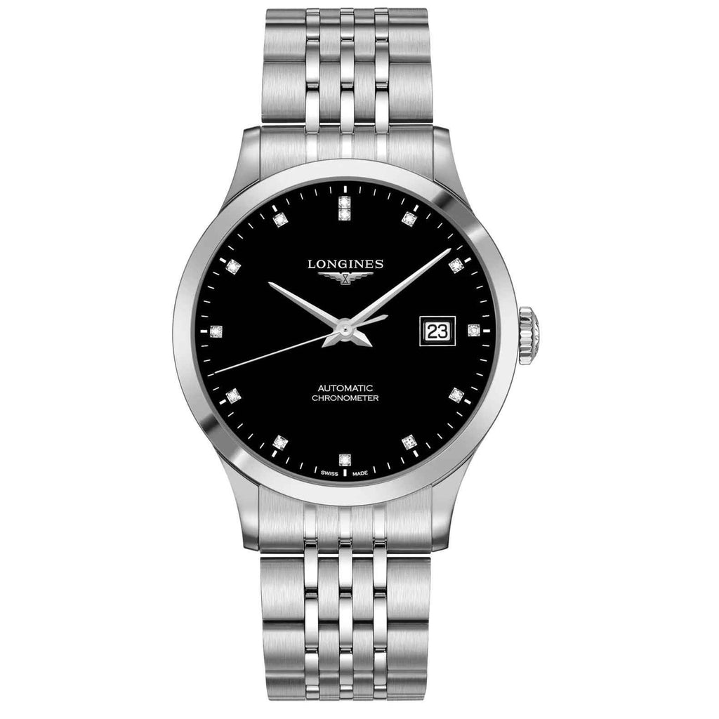 Orologio Longines Record 40 mm: quadrante nero, indici con diamanti, bracciale acciaio
